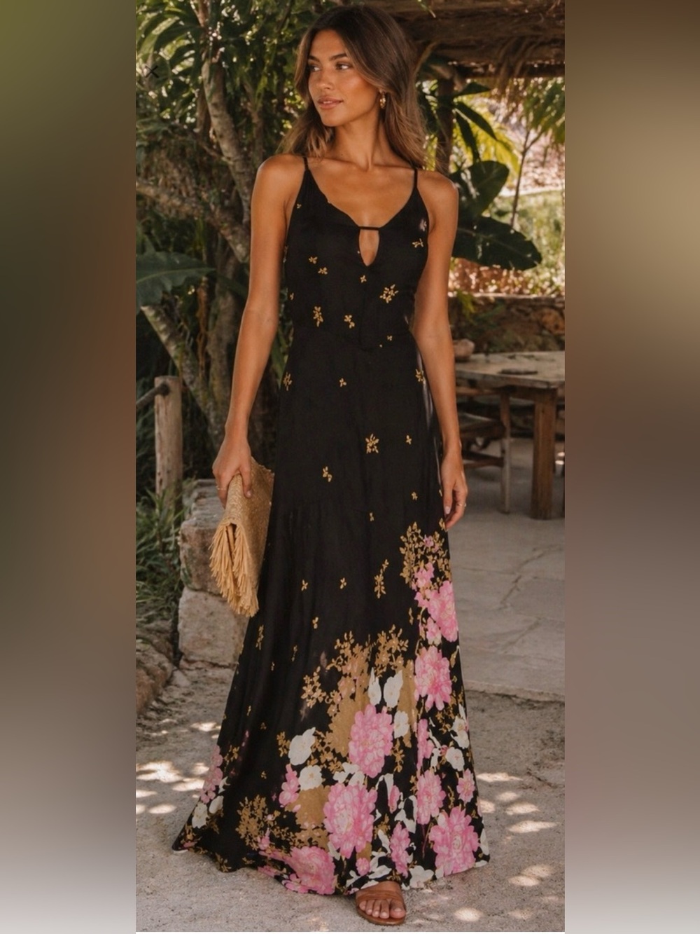 Free People “Get To You” Printed Black Floral Maxi Dress,Size-Large